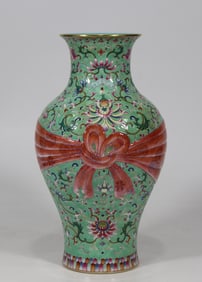 A Rare Turquoise Ground Famille-Rose Painted Gold Lotus Pattern Vase