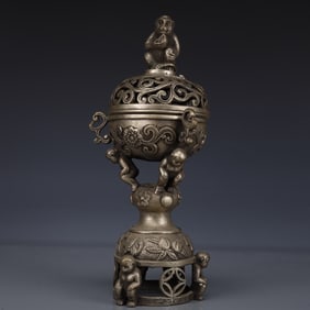An Exquisite Silver-plated Bronze Monkey Censer