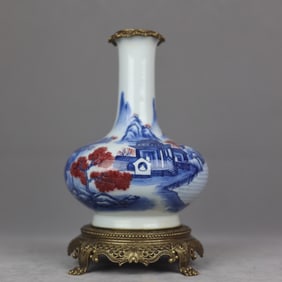 An Exquisite Blue and White Underglaze-Red Inlaid Bronze Landscape Pattern Vase