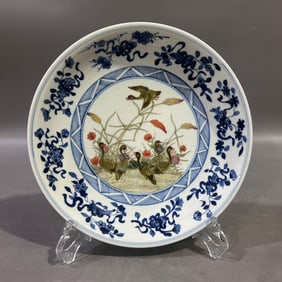 An Exquisite Blue and White Famille-Rose Eight Treasures,Flower and Bird Pattern Plate