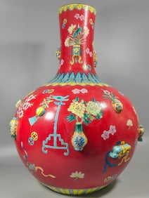 A Huge Red Ground Famille-Rose Bogu Pattern Vase