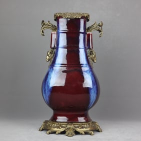 A Huge Flambe Glazed Inlaid Bronze Sheep-head Double-Ears Vase