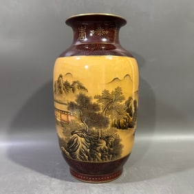 A Rare Imitation Wood Grain Glazed Ink Color Painted Gold Landscape and Figure Pattern Vase,With