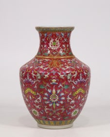 An Exquisite Ruby Red-Glazed Famille-Rose Shou-Character and Lotus Pattern Vase