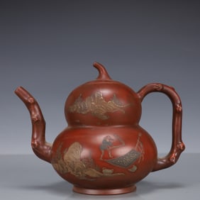 An Exquisite Purple Sands Landscape and Figure Pattern Gourd-Shaped Teapot, With poem