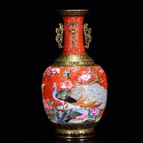 A Rare Red Glazed  Famille-Rose Painted Gold Peacock and Peony Pattern Double-Ears Vase,with Poem