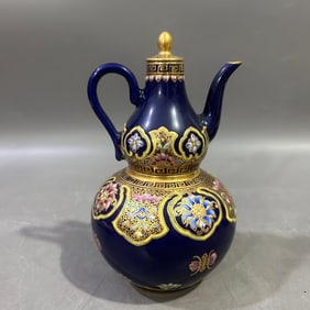 An Exquisite Ji Blue Glazed Famille-Rose Painted Gold Flower Pattern Flagon 1800