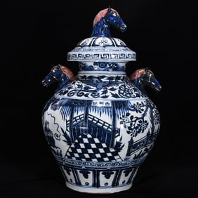 A Huge Blue and White Character and Story Pattern Horse-Ears Cover Jar