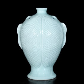 A Rare Celadon Glazed Fish Pattern Double-Ears Vase