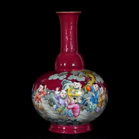 A Rare Ruby Red-Glazed Famille-Rose Character and Story Pattern Vase
