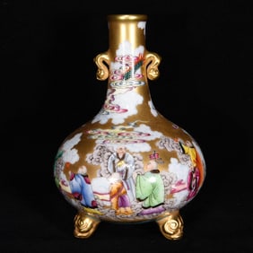 An Exquisite Enamel Gold Ground Auspicious Cloud and Arhat Pattern Double-Ears and Tripod Vase