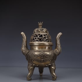 An Exquisite Silver-plated Bronze Elephant Pattern Double-Ears and Tripod Censer