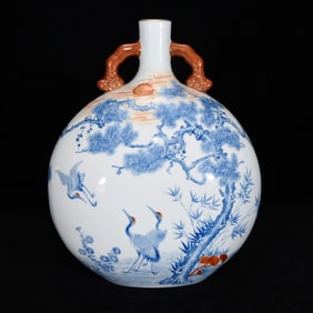 A Rare Enamel Painted Gold Pine and Crane Pattern Ruyi-Ears Vase,With Poem