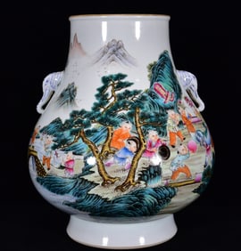 An Exquisite Famille-Rose Landscape and Figure Pattern Elephant-Ears Vase