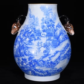 An Exquisite Blue Color Painted Gold Landscape and Figure Pattern Deer-Ears Vase,With Poem