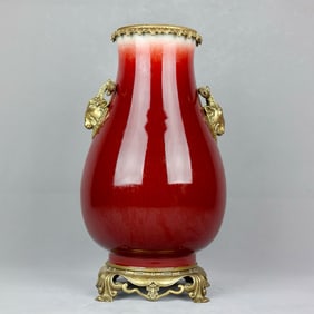 A Huge Red Glazed Inlaid Bronze Sheep-Ears Vase