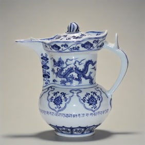 An Exquisite Blue and White Lotus,Dragon and Phoenix Pattern Ewer,With Sanskrit