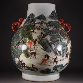 A Huge Famille-Rose Painted Gold Pine and Deer Pattern Double-Ears Vase