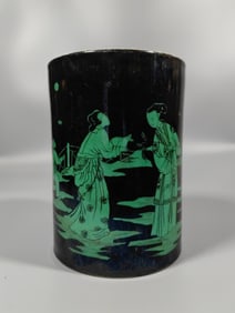 An Exquisite Black Ground Blue Color Figure Pattern Brush Pot