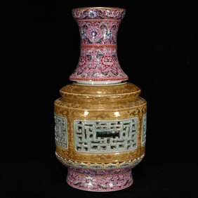 A Huge Enamel Celadon Glazed Painted Gold Hollow Lotus Pattern Vase