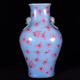 A Rare Sky Blue Glazed Ruby Red-Glazed Painted Gold Butterfly Pattern Beast-Ears Vase