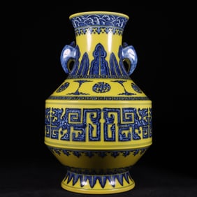 A Rare Blue and White Yellow Glazed Chi-Dragon Pattern Elephant-Ears Vase