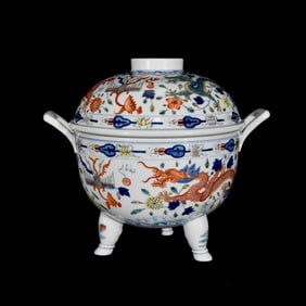 An Exquisite Doucai Dragon and Phoenix Pattern Double-Ears and Tripod Cover Bowl