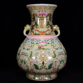A Rare Celadon Glazed Famille-Rose Painted Gold Lotus?Bats and Peach Pattern Elephant-Ears Vase