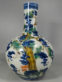 A Rare Blue and White Painted Gold Auspicious Cloud,Pine and Crane Pattern Vase