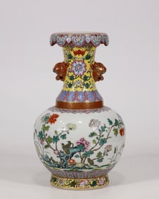 An Exquisite Famille-Rose Painted Gold Flower and Bird Pattern Beast-Ears Vase