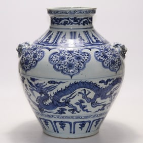 A Rare Blue and White Lotus,Auspicious Cloud and Dragon Pattern Beast-Ears Jar