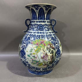 A Rare Blue and White Famille-Rose Lotus and Figure Pattern Double-Ears Vase