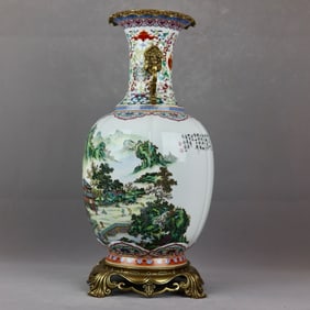 A Huge Famille-Rose Inlaid Bronze Landscape and Figure Pattern Double-Ears Vase,With Poem