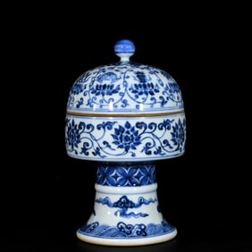 An Exquisite Blue and White  Lotus and Eight Treasures Pattern Stem Cover Jar