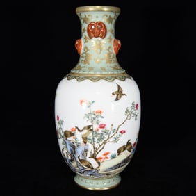 A Rare Famille-Rose Painted Gold Flower and Bird Pattern Beast-Ears Vase