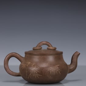 An Exquisite Purple Sands Bamboo Pattern Teapot, With poem