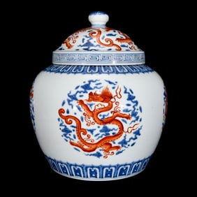 An Exquisite Blue and White Iron-Red Glazed Auspicious Cloud and Dragon Pattern Cover Jar