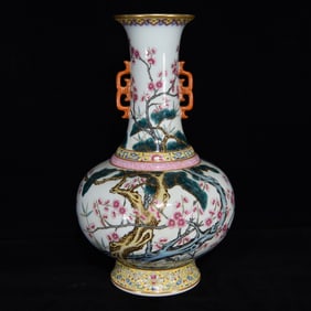 A Rare Famille-Rose Painted Gold Pine, Bamboo and Plum Blossom Pattern Double-Ears Vase