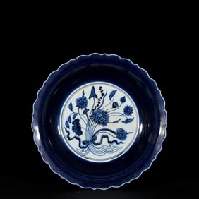 An Exquisite Ji Blue Glazed Blue and White Lotus Pattern Plate