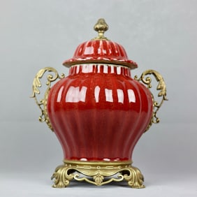 A Rare Ji Red Glazed Inlaid Bronze Double-Ears Pumpkin-Shaped Cover Jar