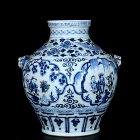 A Rare Blue and White Character and Story Pattern Beast-Ears Jar