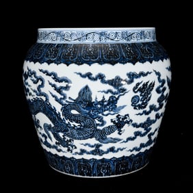 A Rare Blue and White Auspicious Cloud and Dragon Pattern Vat