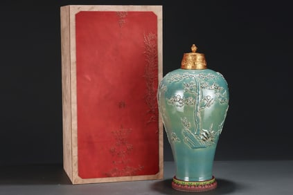 A Huge Green Glazed Pine, Bamboo and Plum Blossom Pattern Vase?With Gilt Cover