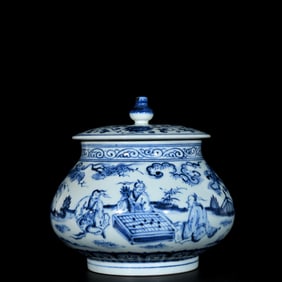 An Exquisite Blue and White Character and Story Pattern Cover Jar