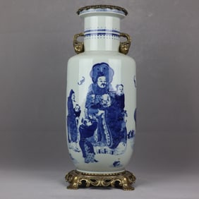 A Huge Blue and White Inlaid Bronze Bats and Figure Pattern Pomegranate-Ears Vase