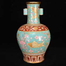 A Rare Wucai Painted Gold Fish and Algae Pattern Double-Ears Vase