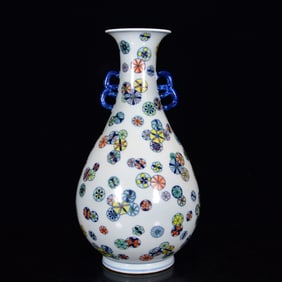 An Exquisite Blue and White  Famille-Rose Flower Pattern Double-Ears Vase