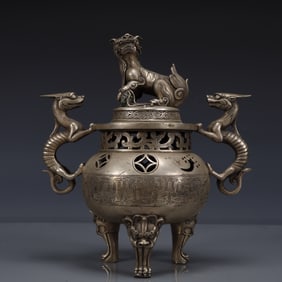 An Exquisite Silver-plated Bronze Dragon-Ears Tripod Censer