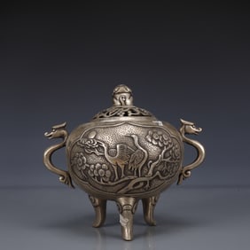 An Exquisite Silver-plated Bronze Crane Pattern Double-Ears and Tripod Censer