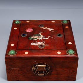 An Exquisite Huali wood Inlaid Gems Crane Pattern Box